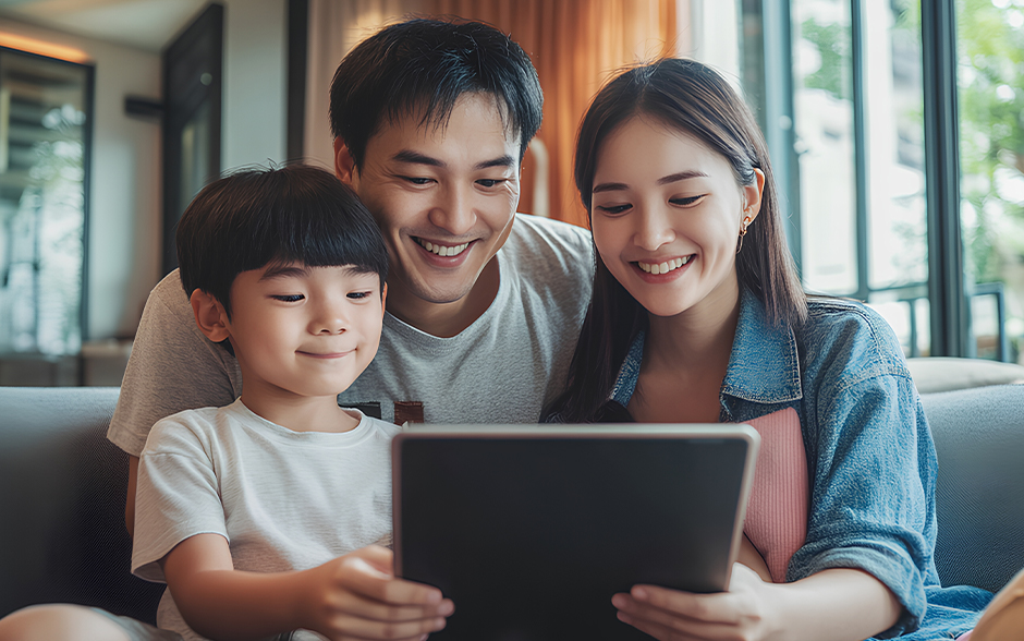 Happy family of three, including a young boy, sitting on a couch and enjoying time together while looking at a tablet in a well-lit, cozy living room.