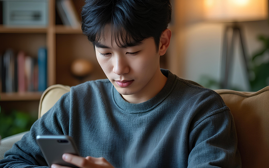 A young man looking on his mobile phone while in the living room.