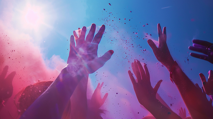 A crowd throws colored powder into the air against a clear blue sky.