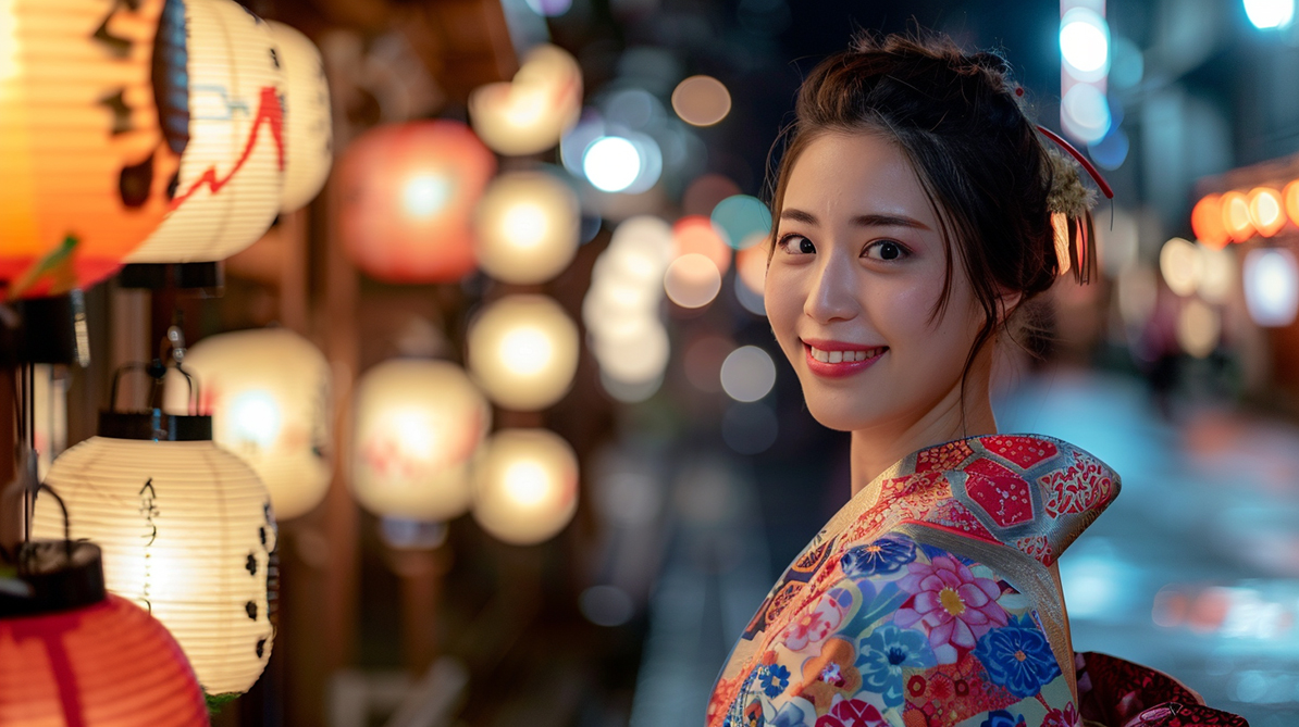 A smiling young girl in a Kimono leading other similarly dressed women during the Gion Matsuri festival.