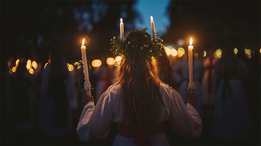 A crowd of children in white dresses and candle wreaths hold lit candles.