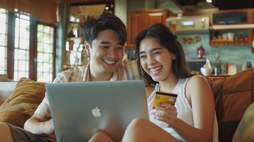 Filipino couple looking at laptop and smiling while holding a debit or credit card.