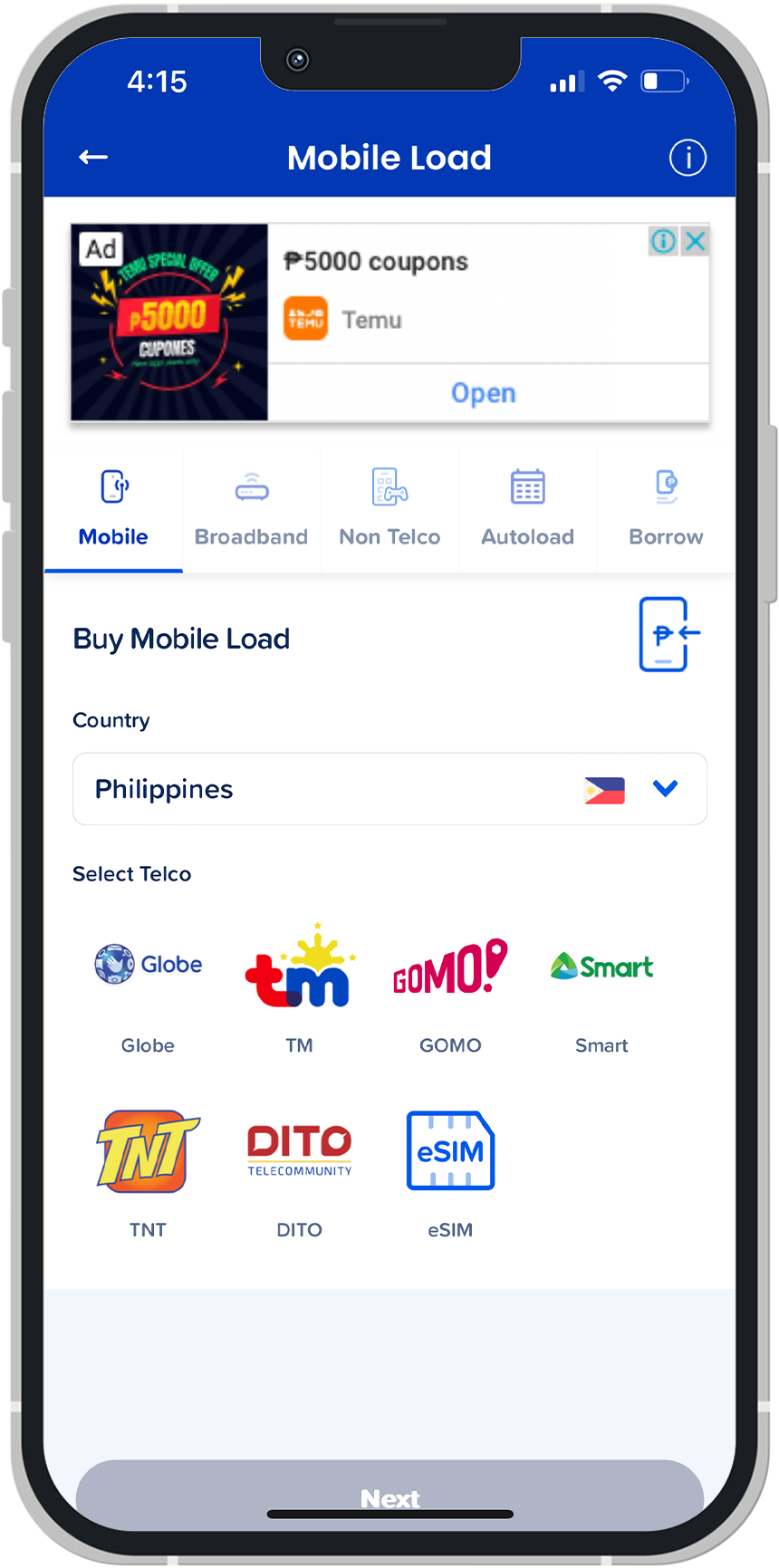 Screenshot of GCash's Buy Load UI.
