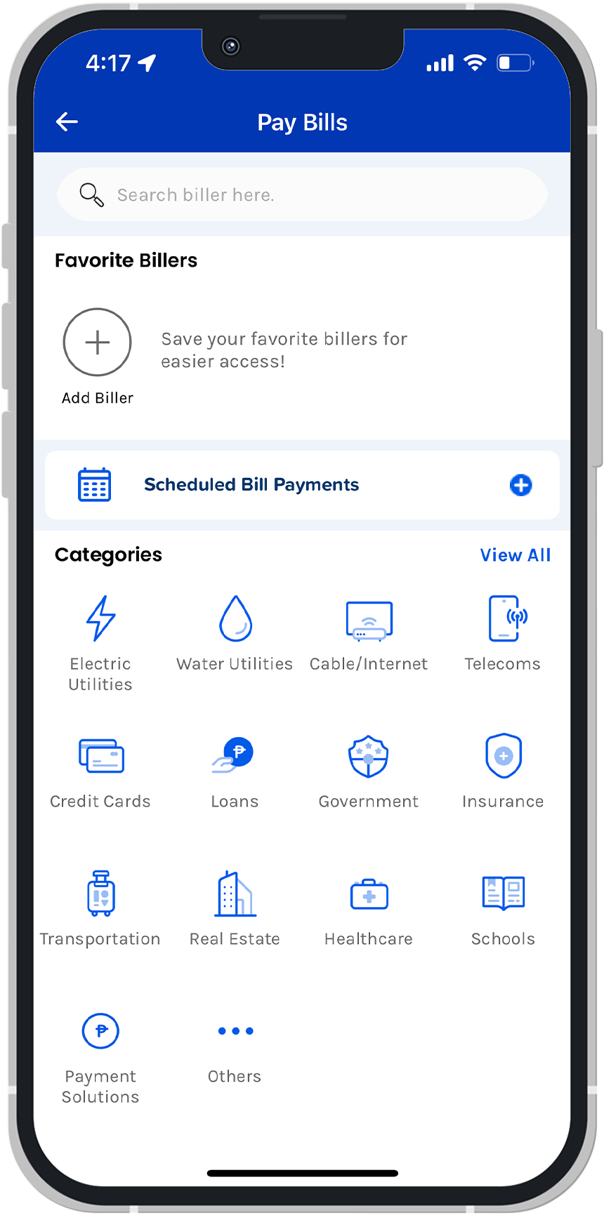 Screenshot of GCash's Pay Bills UI.