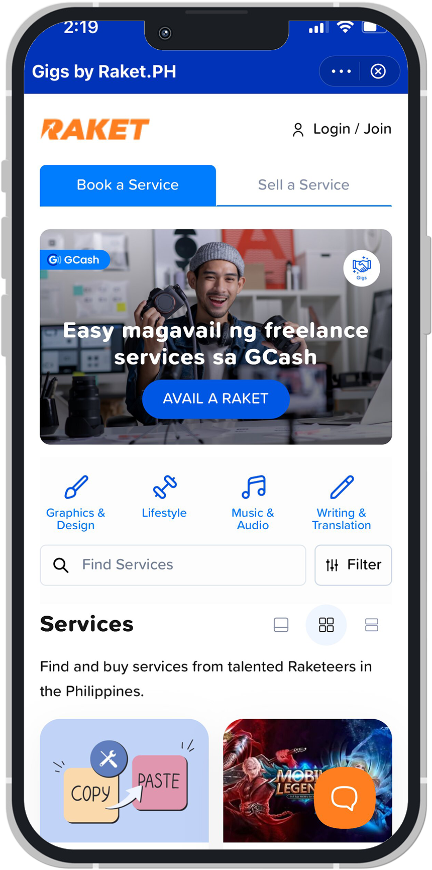 Screenshot of Gigs UI in the GCash app.