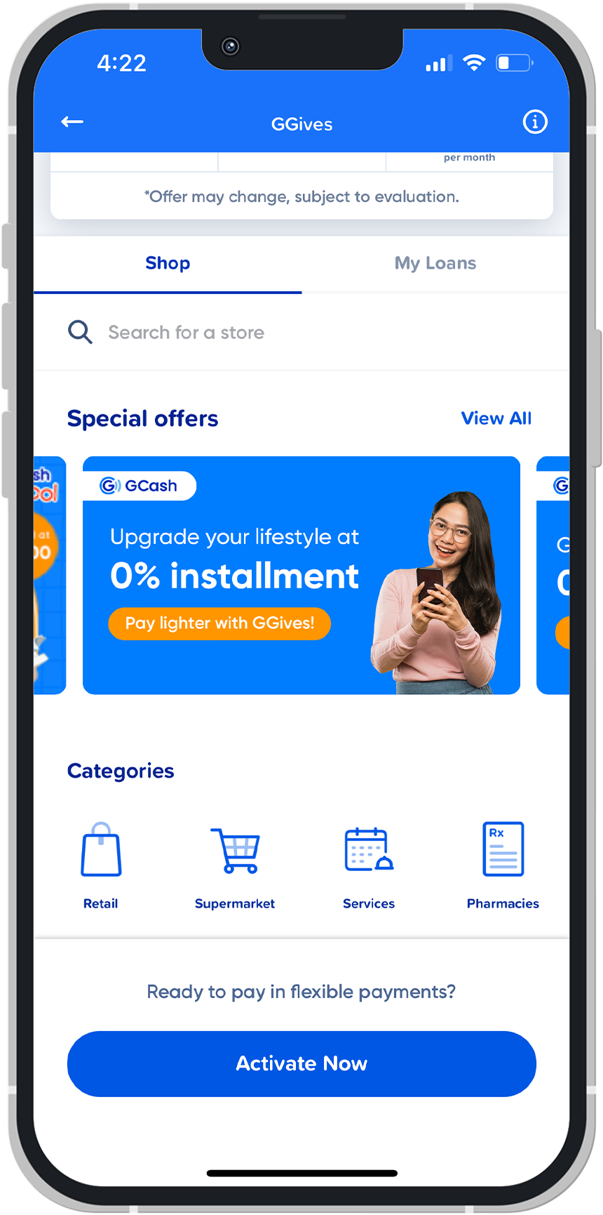 Screenshot of GGives UI in the GCash app.