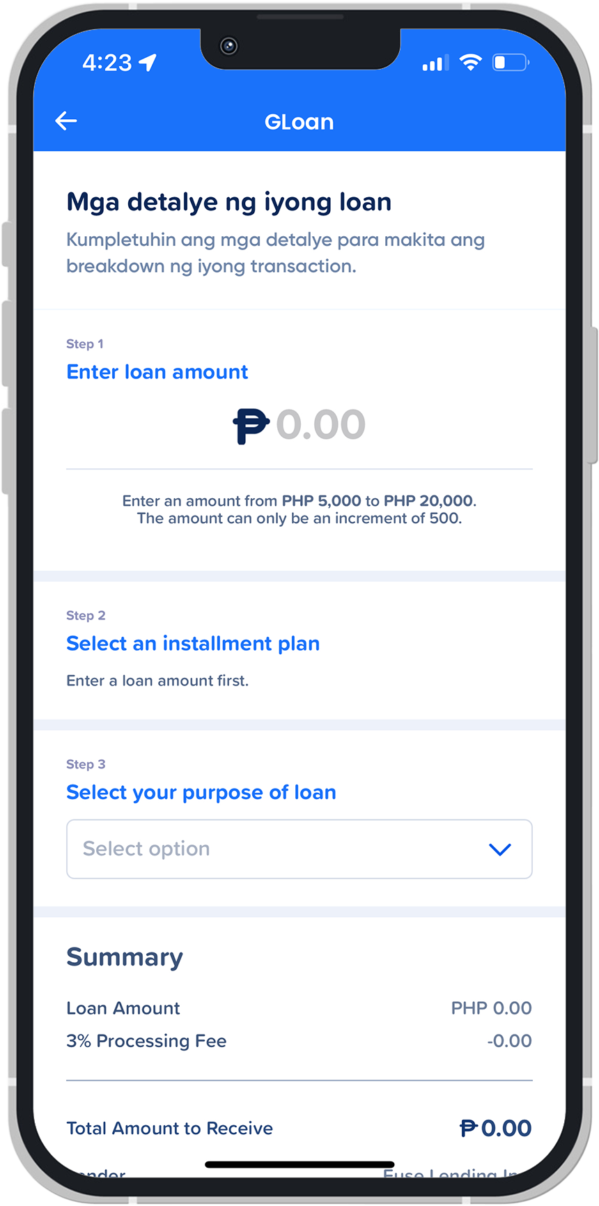 Screenshot of GLoan UI in the GCash app.
