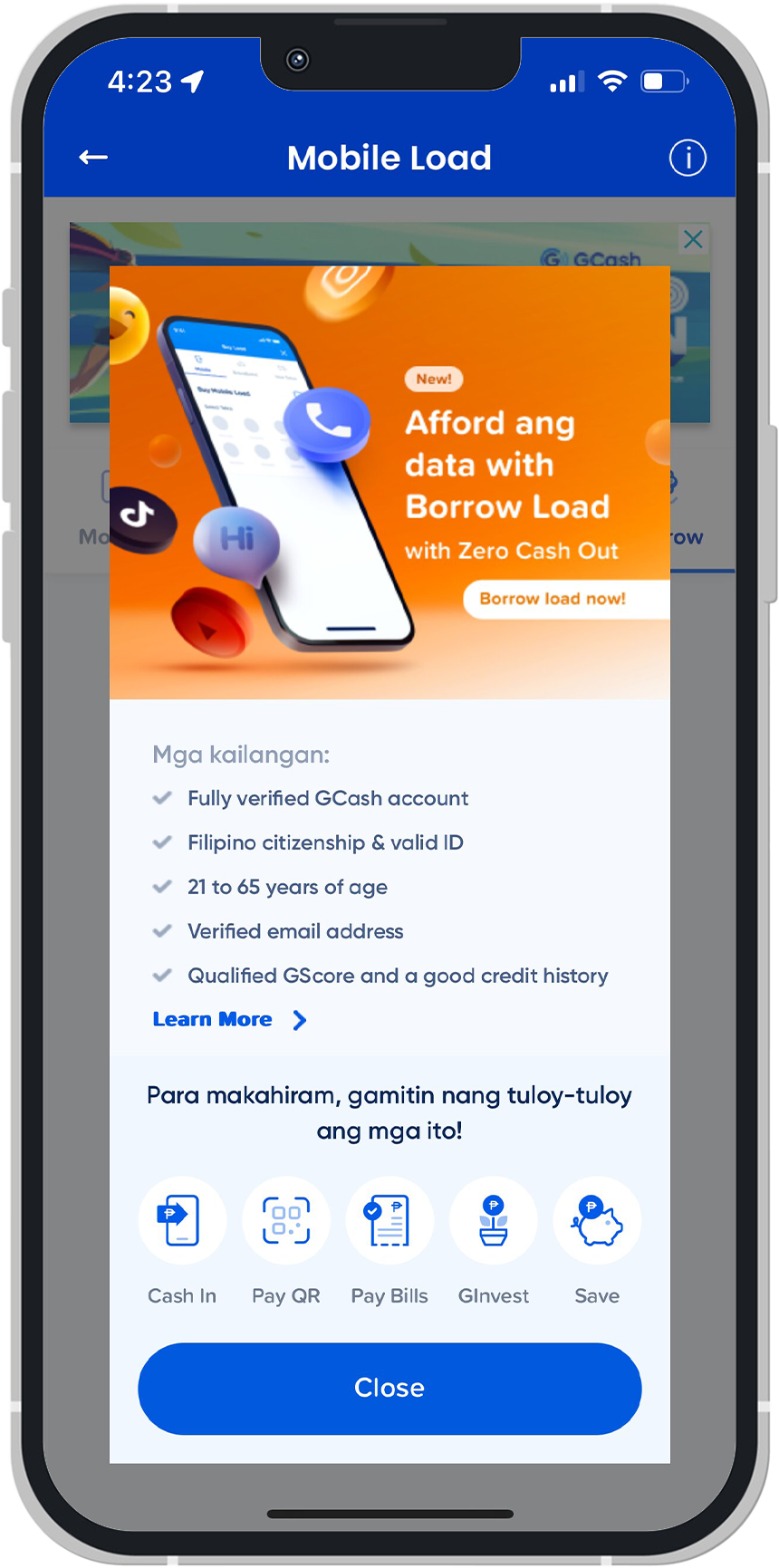 Screenshot of Borrow Load UI in GCash.
