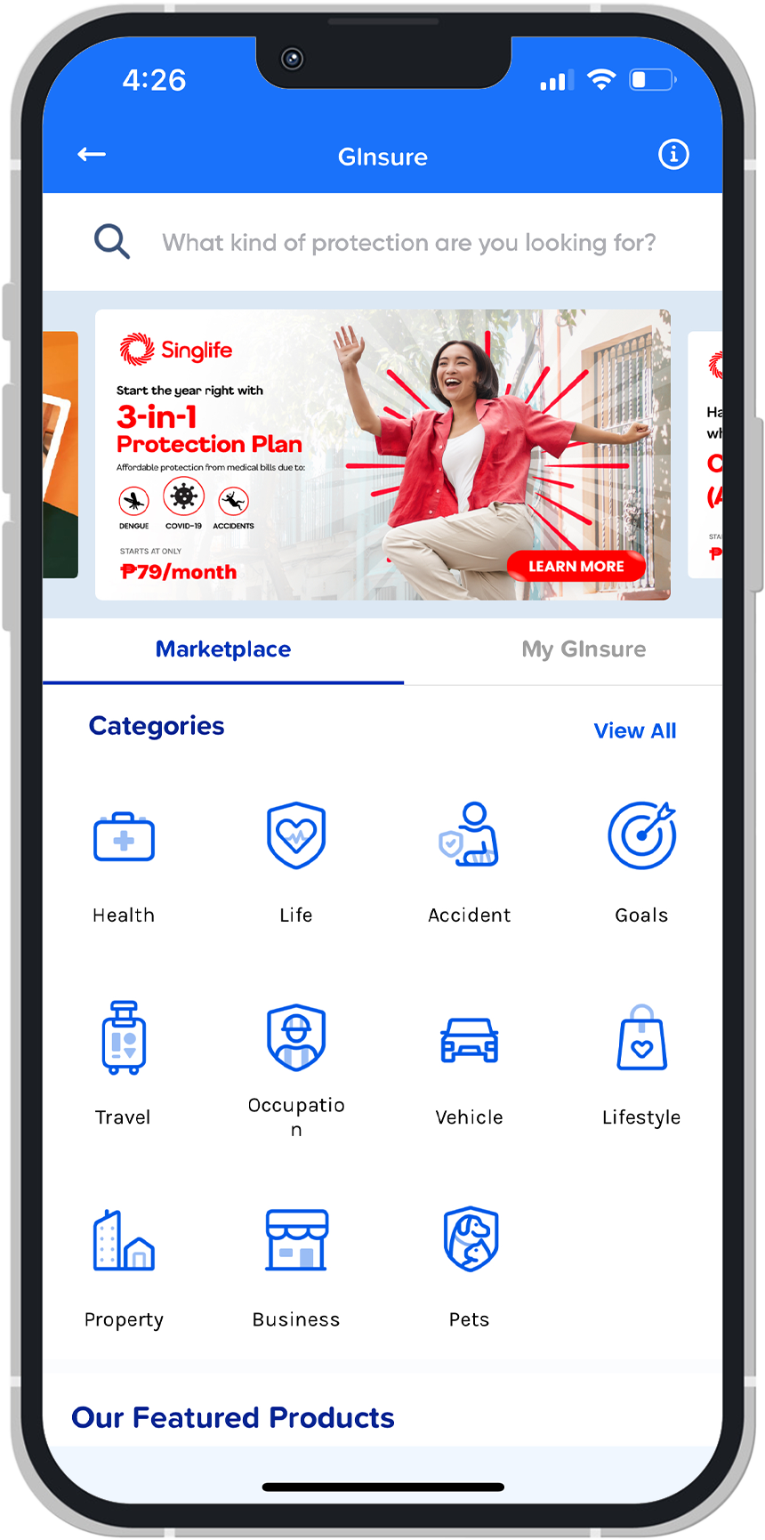Screenshot of GInsure's UI in the GCash app.