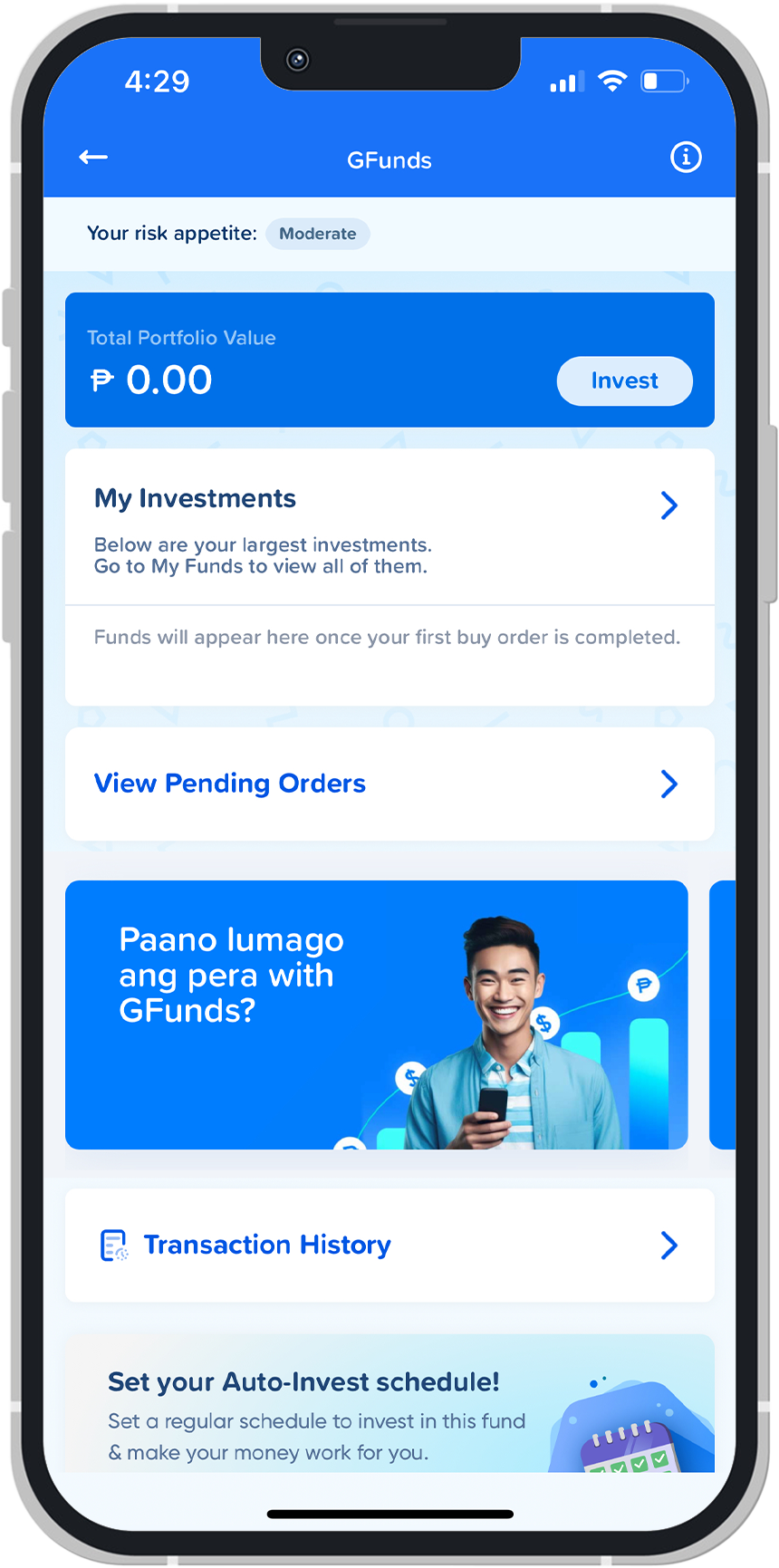 Screenshot of GFund's UI in the GCash app.