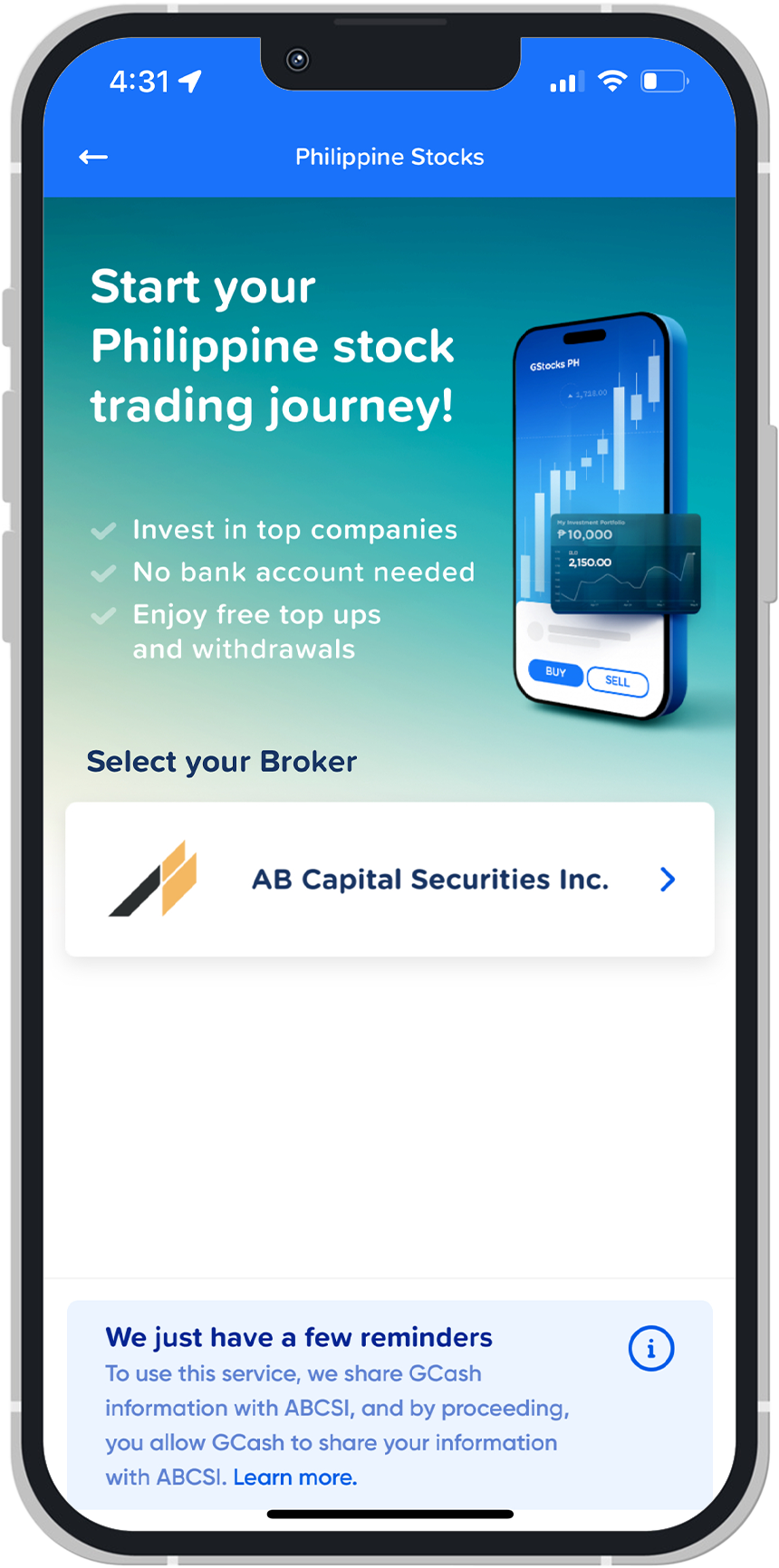 Screenshot of GStocks' UI in the GCash app.
