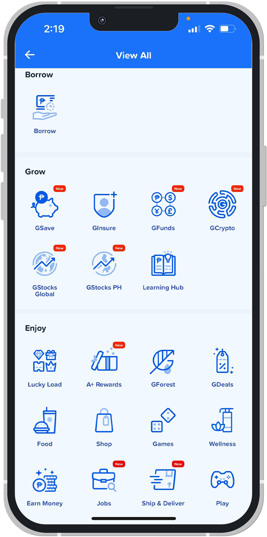 Screenshot of GCash's View All Services, highlighting the Enjoy section.