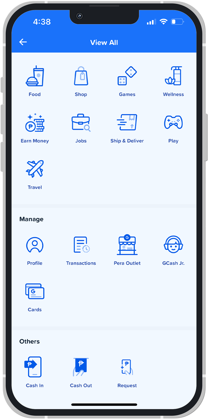 Screenshot of GCash's View All Services, highlighting the 'Manage' section.
