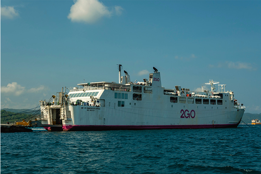 A RoRo ship docks in Caticlan, Boracay on a clear day.