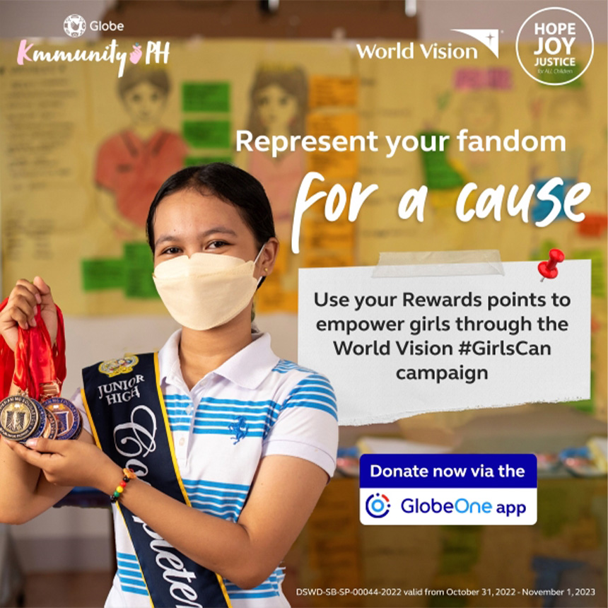 A promotional poster with a girl holding medals for World Vision #GirlsCan campaign.