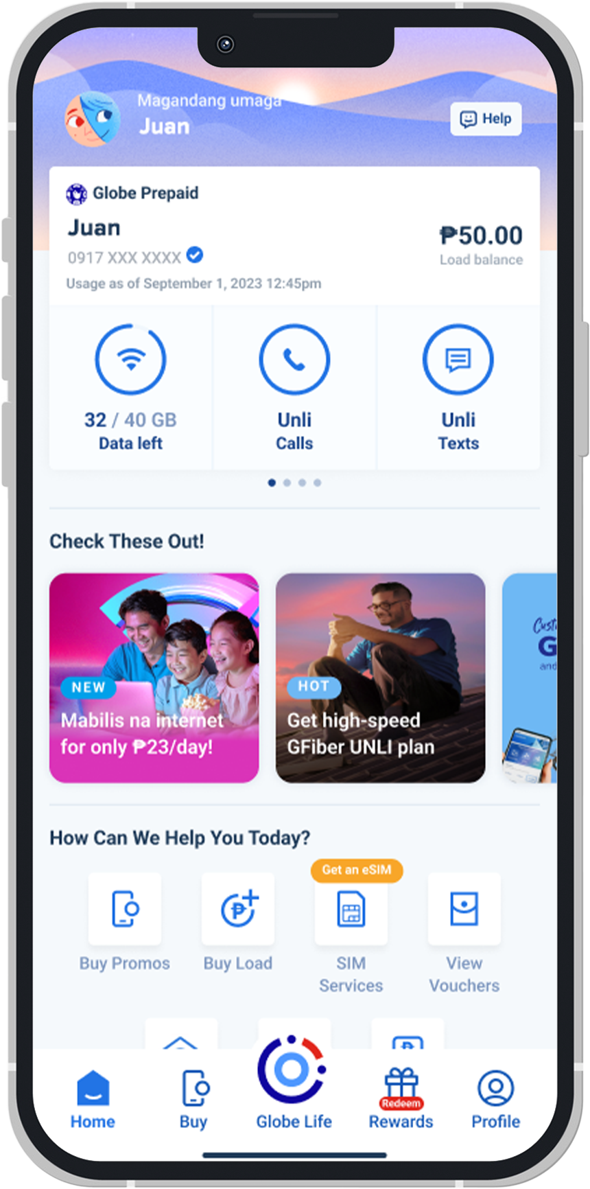 GlobeOne app UI showing the new SIM Hub icon.