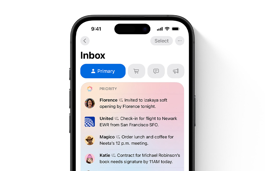 An iPhone screen showing summaries of notifications done by Apple Intelligence.