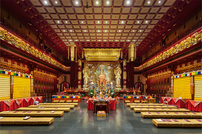 Interior shot of the Buddha Tooth Relic Temple in Singapore.