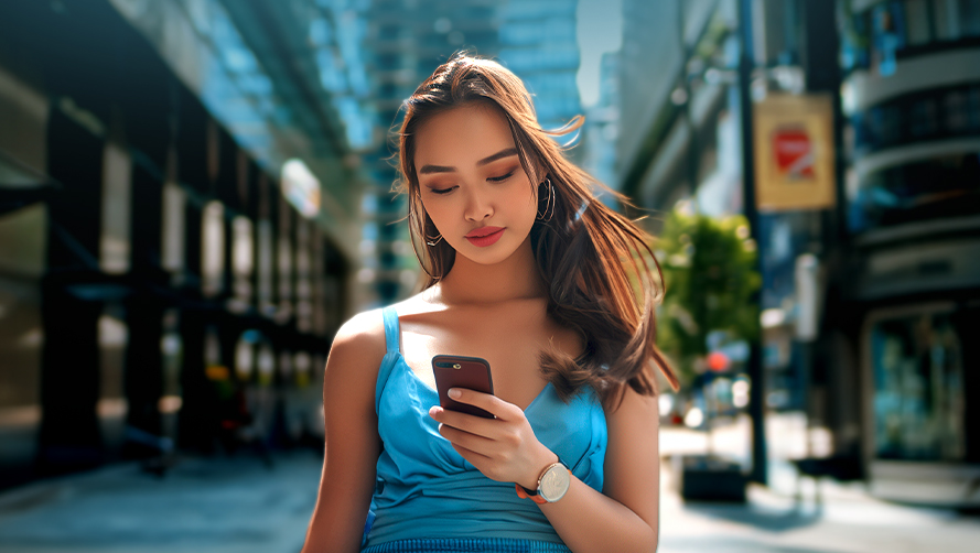 Woman in a blue top walking in the city while looking at her phone.