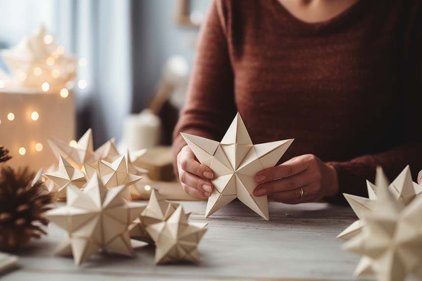 A person crafting three-dimensional paper stars in a cozy, festive setting, with additional folded stars and warm decorative lighting in the background.