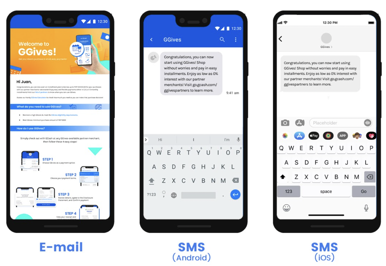 Three mobile screens showing GGives registration approval on email or SMS