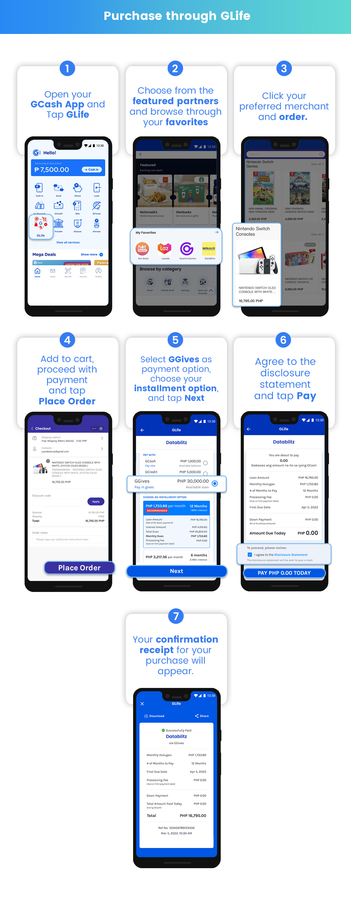 Infographic on how to use GGives to pay GLife partner merchants
