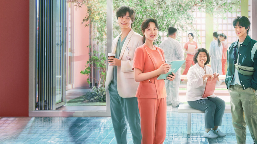 A group of medical staff and patients gather in a bright, serene hospital courtyard, surrounded by greenery and soft natural light.