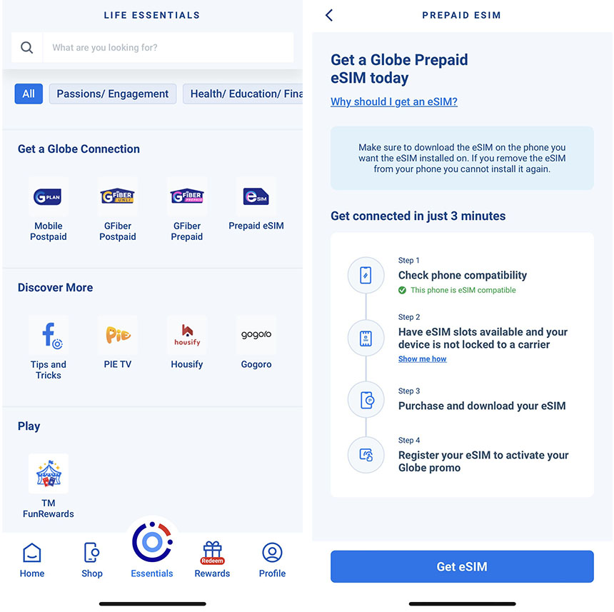 The GlobeOne app UI for purchasing a prepaid eSIM.