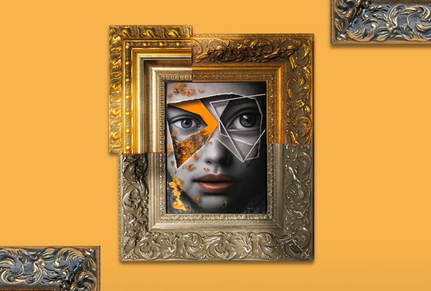 A surreal artwork features a fragmented portrait of a woman's face within overlapping ornate gold and silver frames, set against a bold orange background.