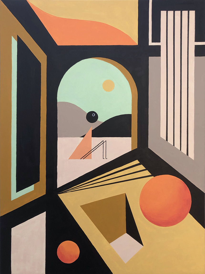 An abstract painting features geometric shapes, bold lines, and vibrant colors like orange, black, and green, creating a surreal, architectural-inspired landscape.