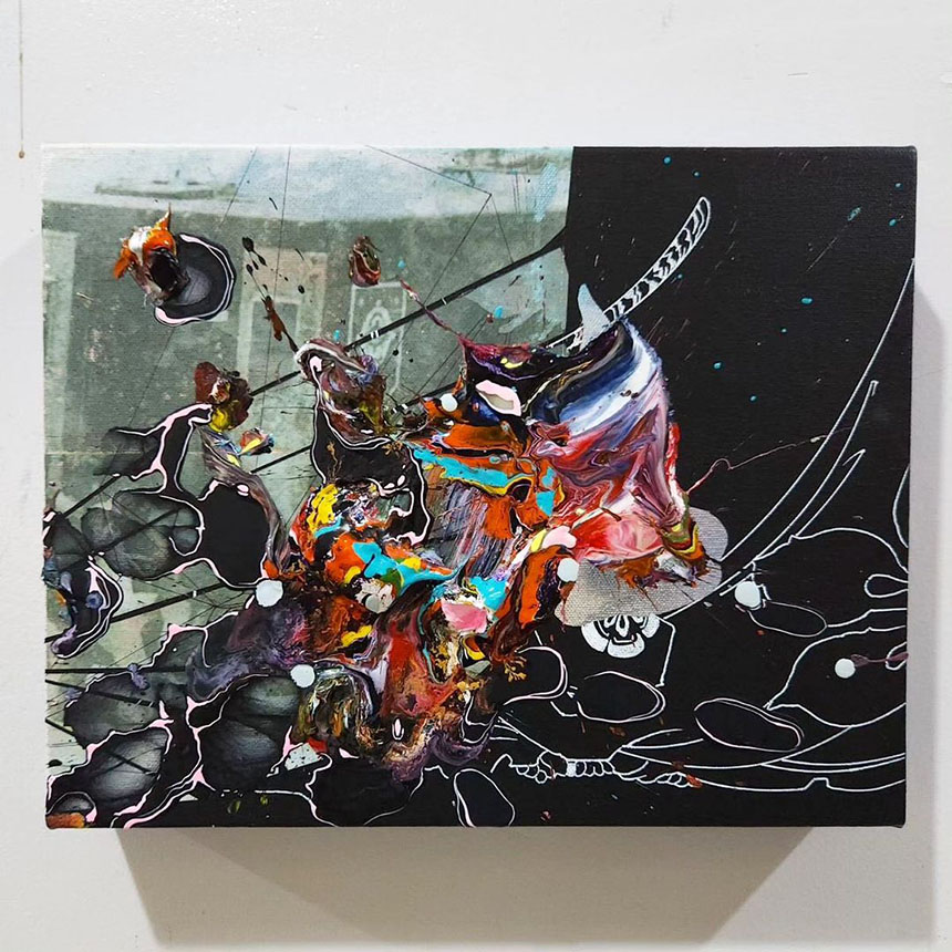 A dynamic abstract artwork combines vibrant splashes of orange, blue, and black with textured paint, layered over a structured grayscale background and intricate line details.