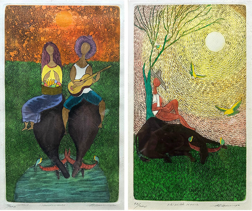 Two colorful paintings depict serene rural scenes: on the left, two figures sit on carabaos under a glowing orange sky, one playing a guitar; on the right, a person reclines beneath a tree beside a carabao, surrounded by birds under a bright yellow sun.