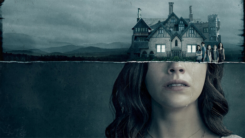 Poster for The Haunting of Hill House showing a womanâs face with a tear, partially blending into an eerie mansion with shadowy figures standing in front of it.