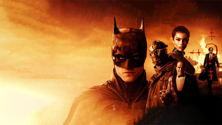 Poster for The Batman featuring Batman in the foreground, with key characters Catwoman, Riddler, Penguin, and others against an orange-lit, ominous background.