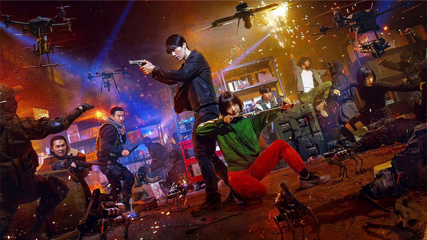 Action-packed scene with multiple people engaged in combat, surrounded by flying drones, sparks, and a chaotic warehouse setting.