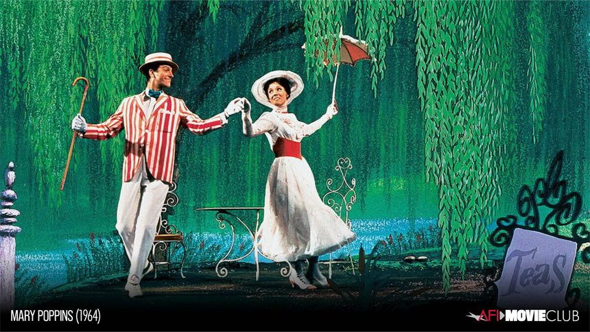 Scene from Mary Poppins (1964) featuring a man in a striped suit dancing with a woman in a white dress holding a parasol, set against a whimsical, colorful backdrop.