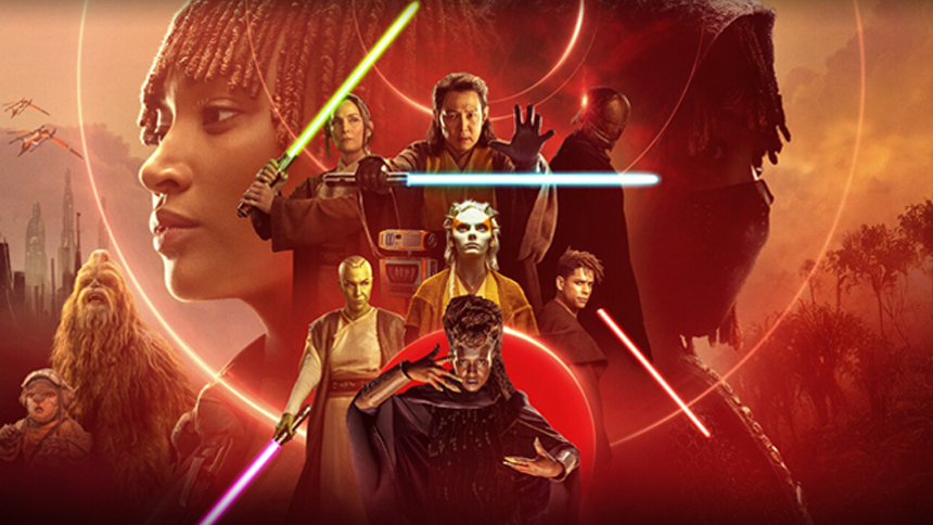 Poster for Star Wars: The Acolyte featuring multiple characters wielding colorful lightsabers, a dramatic red background, and prominent faces set against a sci-fi landscape.