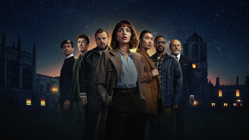 Poster featuring a group of seven people standing in front of a dark, mysterious university building under a starry night sky, with a serious and suspenseful atmosphere.