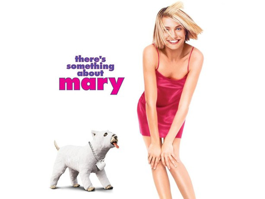 Poster for Thereâs Something About Mary featuring a smiling woman in a red dress with windswept hair and a white dog, set against a plain white background with bold text.