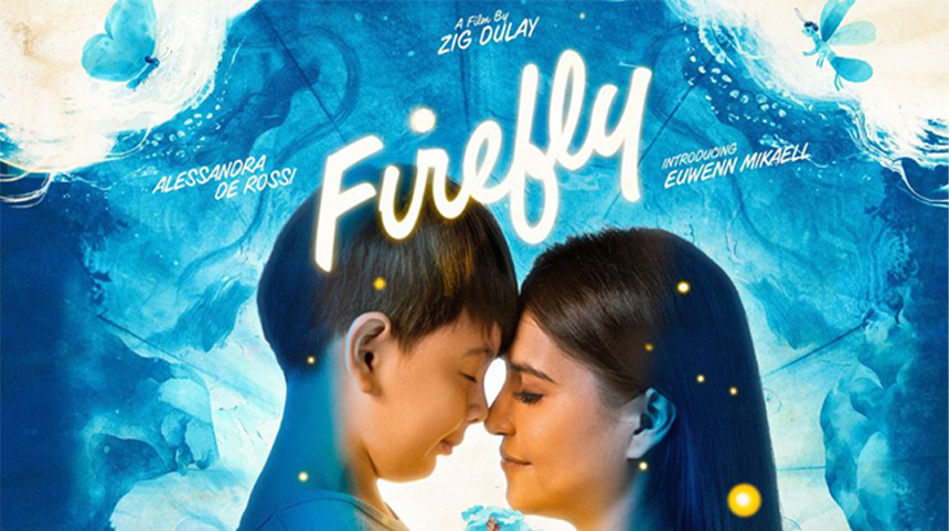 Poster for Firefly showing a touching moment between a young boy and a woman with their foreheads together, surrounded by glowing fireflies against a serene blue background.