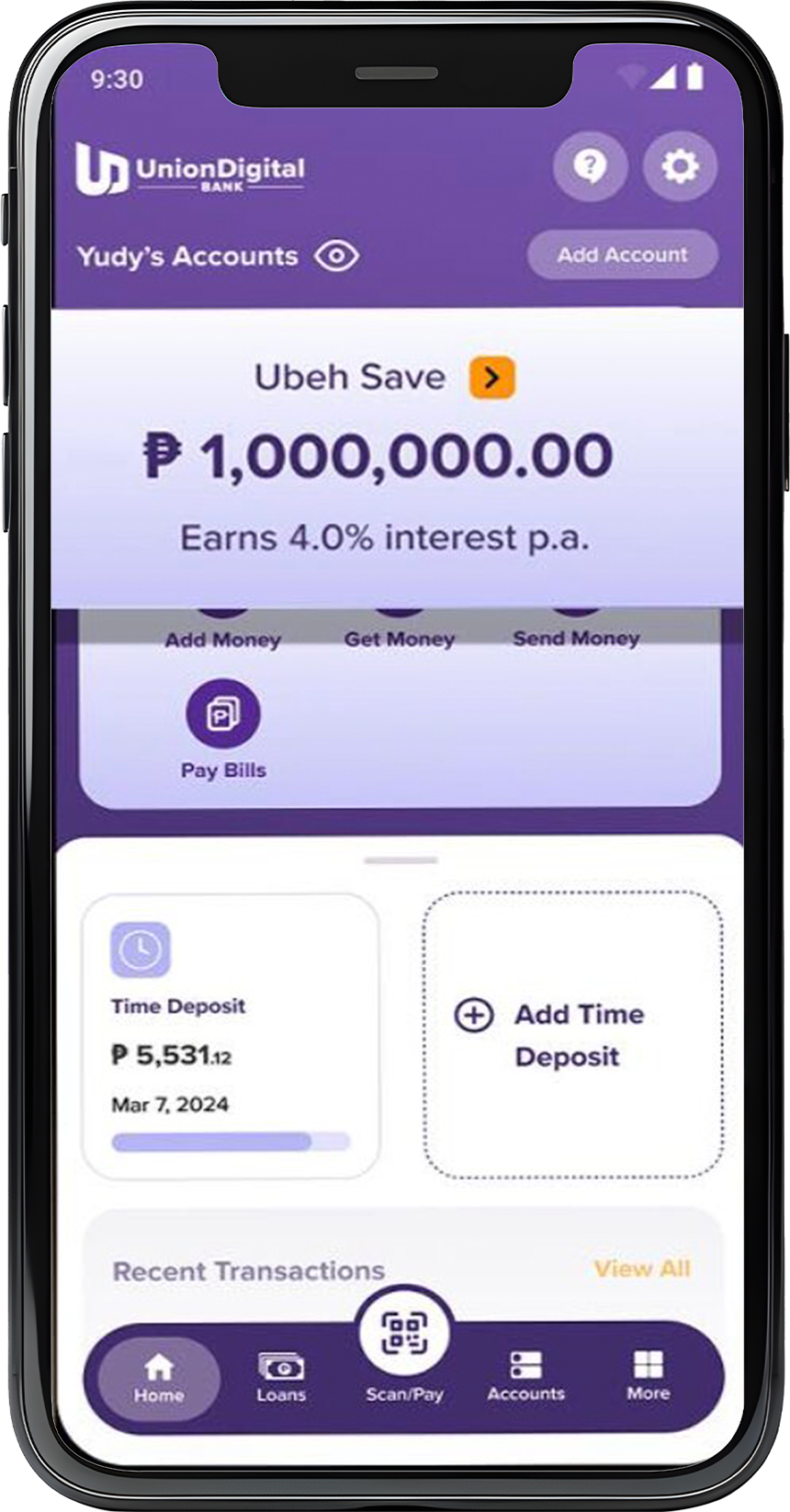 Photo of the UnionDigital appâs UI.