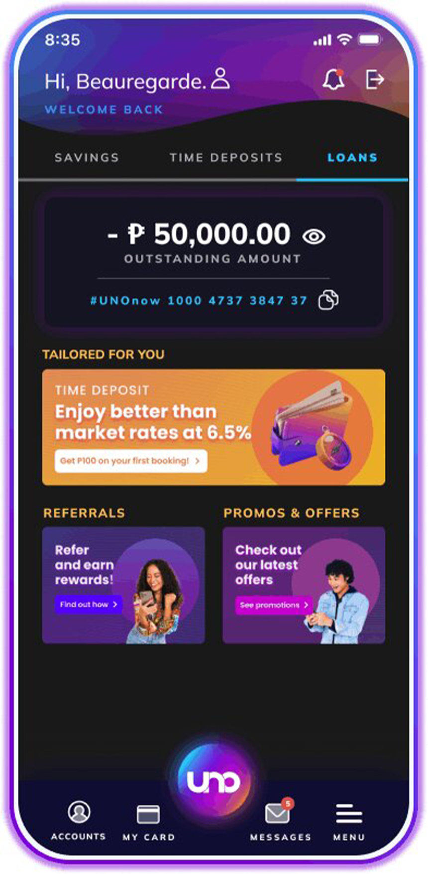 Photo of UNO Digital Bankâs app UI.