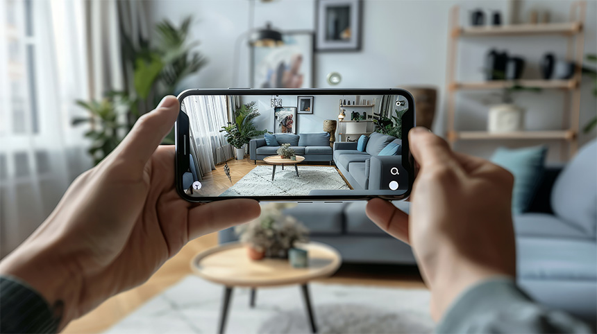 Hands holding a smartphone capturing a modern living room with a gray sofa and wooden elements.