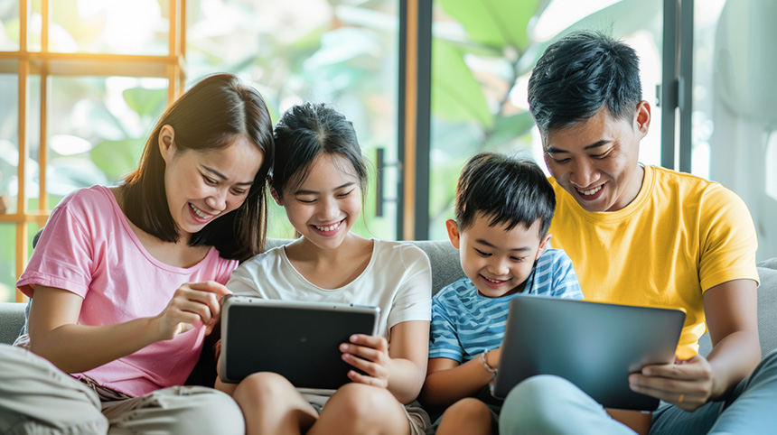 Family of four sitting on a couch, using electronic tablets, smiling together.