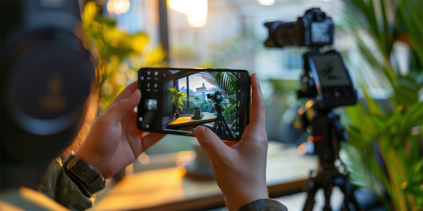 A person takes a photo with a smartphone of a potted plant by a window, with a camera on a tripod in the background.