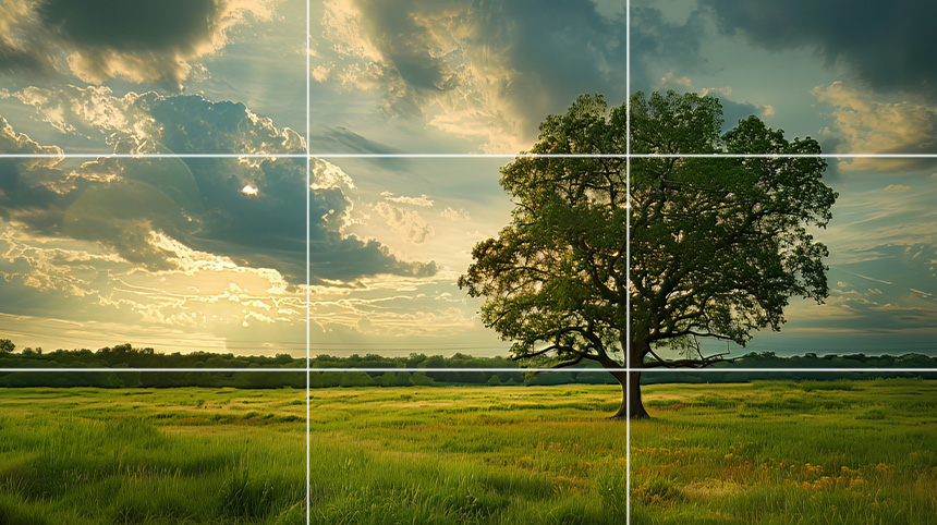 A solitary tree in a green meadow under a dramatic cloudy sky.