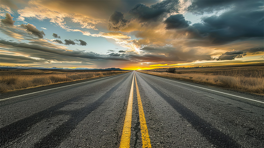 A straight road leading to the horizon under a dramatic sunset sky with dark clouds.