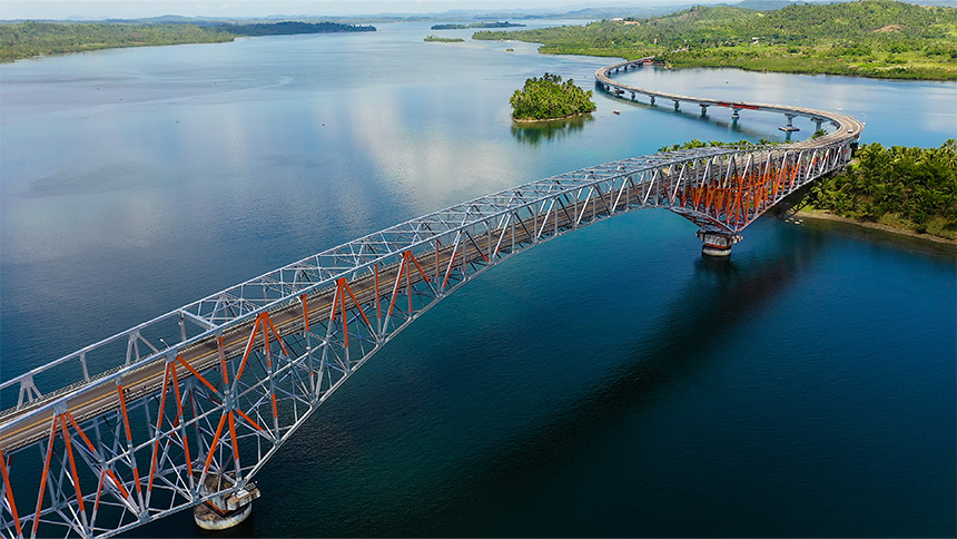 Aerial view of a steel truss bridge over a large body of water with green surroundings.