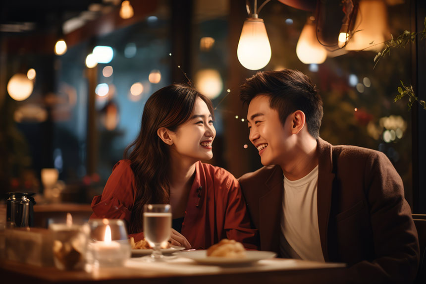 Young Asian couple enjoying a romantic dinner at a restaurant.