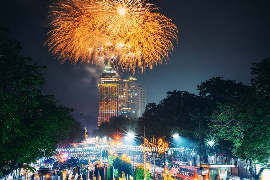 Nighttime fireworks display above the Sinulog Festival.